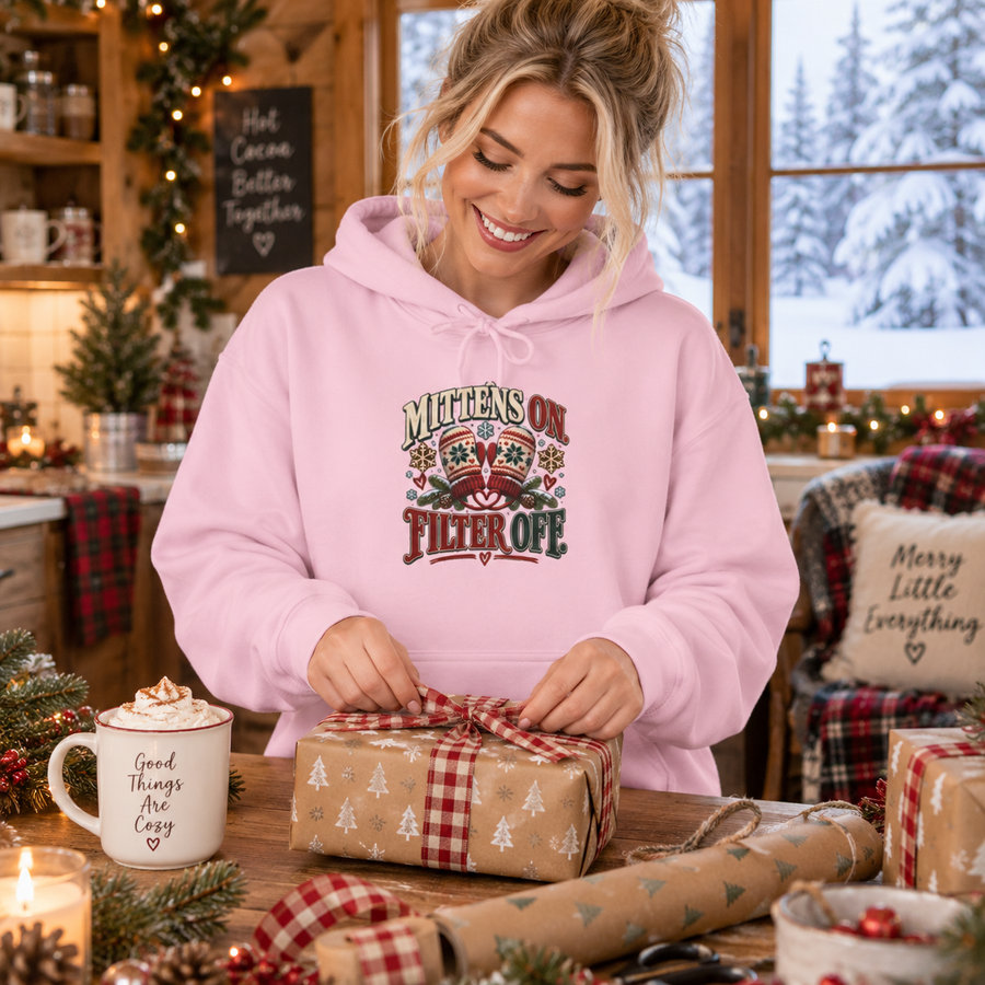 Mittens On, Filter Off - Retro Holiday Graphic Hoodie