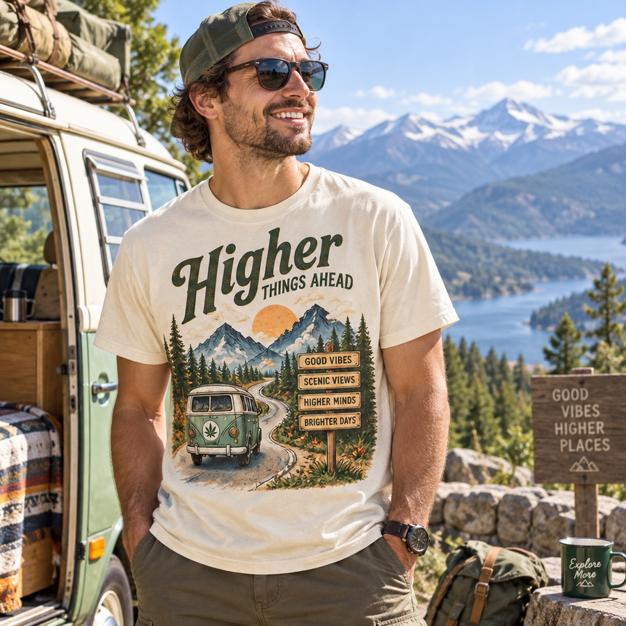 Higher Things Ahead T-Shirt — Vintage VW Camper Road Trip Graphic Tee