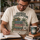Higher Education T-Shirt — 'Higher Education' Plant & Cannabis Book Stack Graphic Tee – view 1