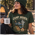 Camp Higher Camping T-Shirt — Retro Mountain Night Campfire Design – view 1