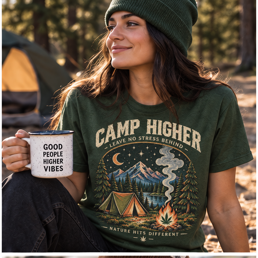 Camp Higher Camping T-Shirt — Retro Mountain Night Campfire Design
