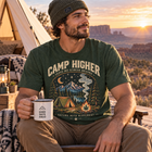 Camp Higher Camping T-Shirt — Retro Mountain Night Campfire Design – view 2