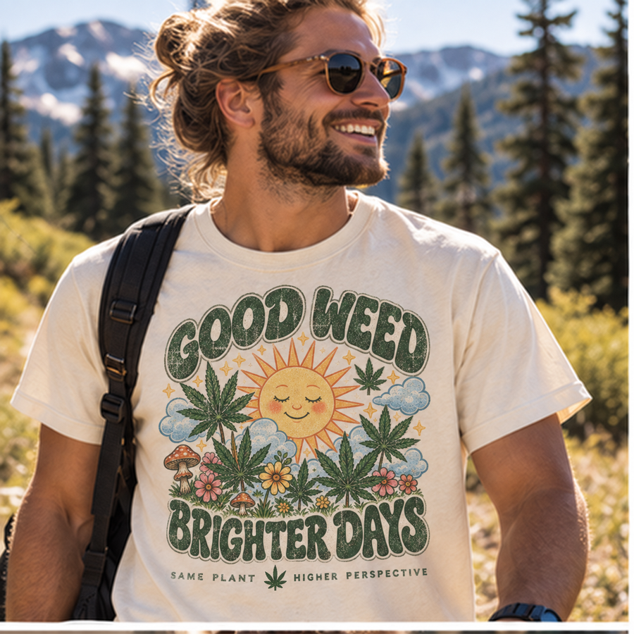 Good Weed Brighter Days T-Shirt — Retro Sun & Cannabis Graphic Tee