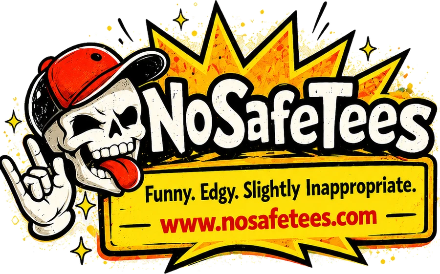 No Safe Tee's mascot: a grinning skull in a red cap throwing a rock-on hand sign